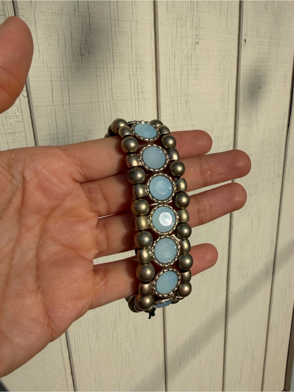 Boho Silver Beaded Light Blue Cabochon Adjustable Cord Bracelet